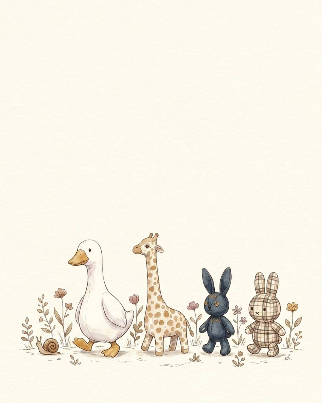 Art from The Magic Words Inside of Me: a white goose, a spotted giraffe, a dark blue bunny and a checked bunny walking in a row through small wildflowers, a snail beside them. Ink line and soft watercolour on cream paper.