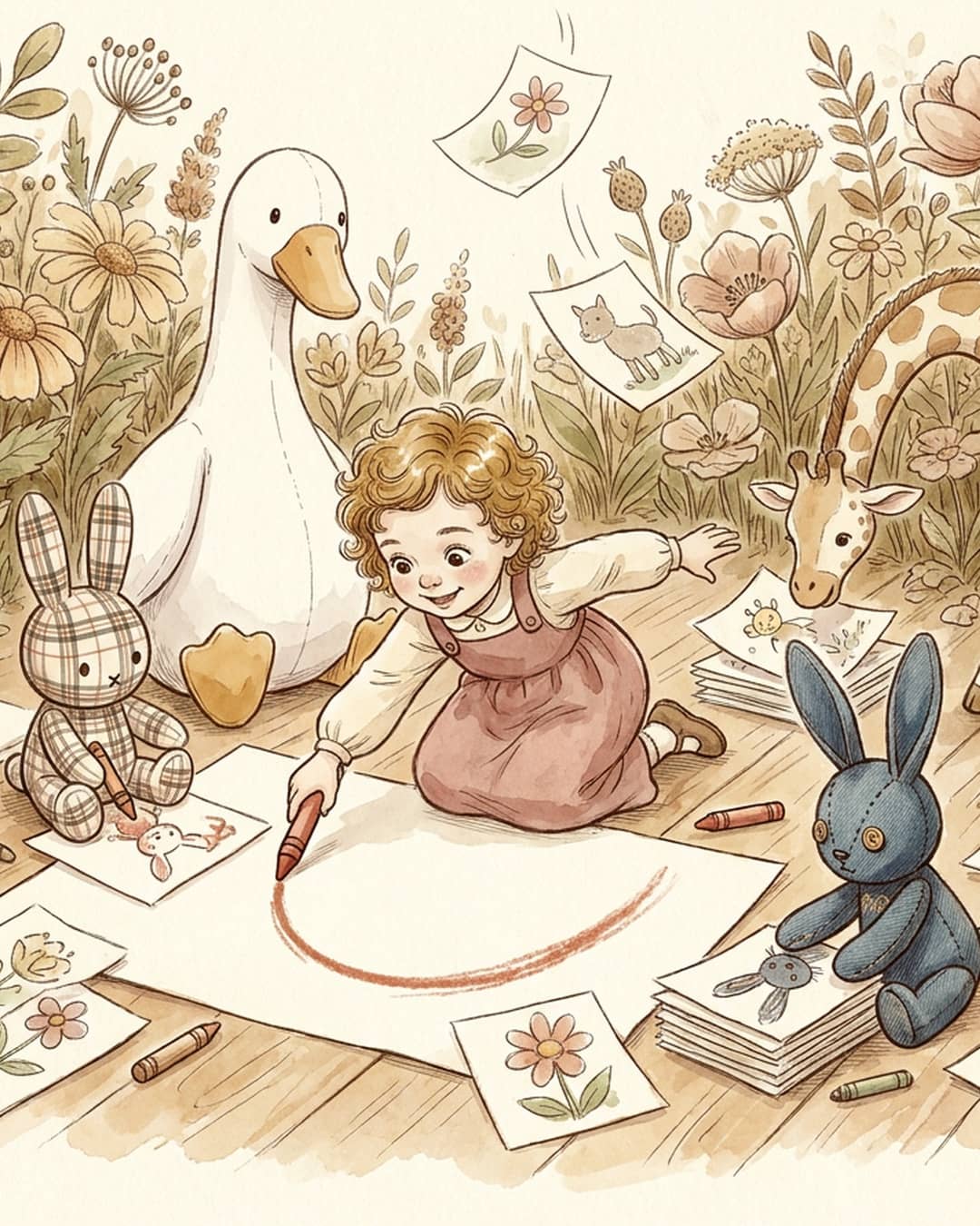 Art from The Magic Words Inside of Me: a small girl kneeling on the floor, drawing with a red crayon among her plush toys and her pictures. Ink line and soft watercolour on cream paper.