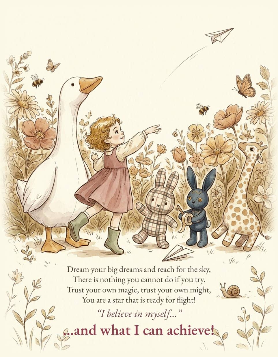 A page from The Magic Words Inside of Me: a small girl throwing a paper plane into the sky beside a big white goose and her toys, with the line 'I believe in myself' and the response 'and what I can achieve'. Ink line and soft watercolour on cream paper.