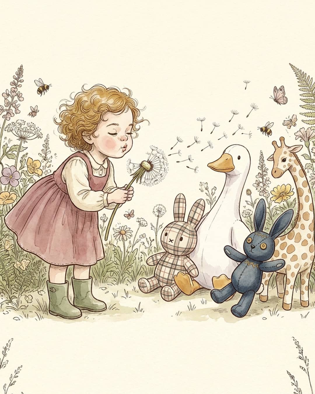 Art from The Magic Words Inside of Me: a small girl blowing a dandelion beside a plush goose, a giraffe and two bunnies. Ink line and soft watercolour on cream paper.