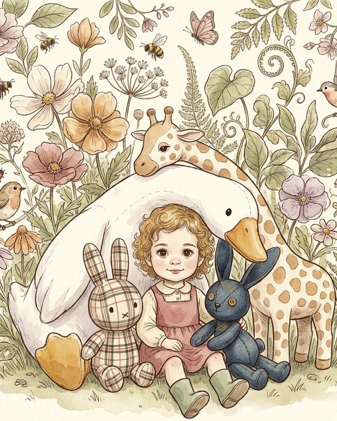 Art from The Magic Words Inside of Me: a small girl sits snug among wildflowers, wrapped in the wing of a big white goose, with a giraffe resting its head above her and a plaid bunny and a blue bunny at her sides. Ink line and soft watercolour on cream paper.