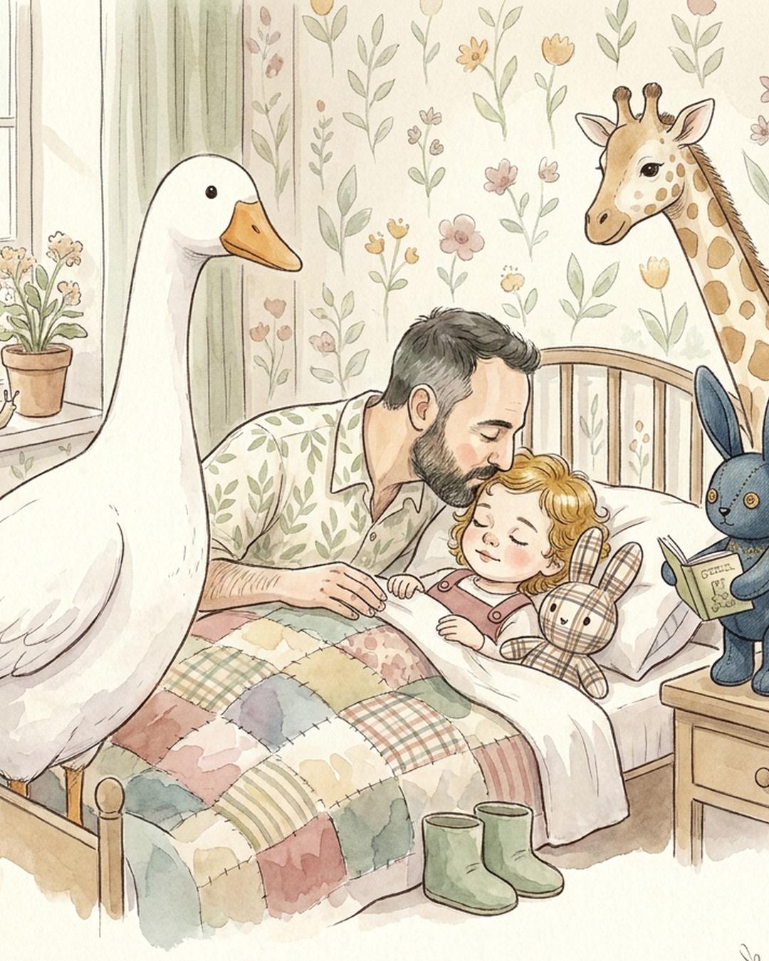 Art from The Magic Words Inside of Me: a father kisses his sleeping daughter goodnight under a patchwork quilt, her plaid bunny beside her, while a big white goose and a giraffe lean in and a blue bunny holds a little book on the nightstand. Ink line and soft watercolour on cream paper.