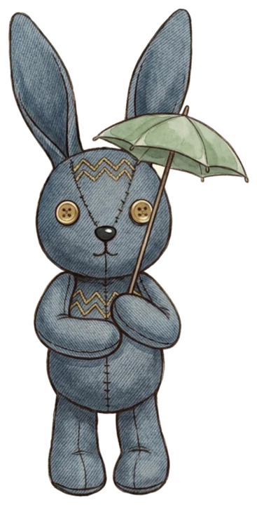 Naomi's blue denim bunny, holding a small umbrella.